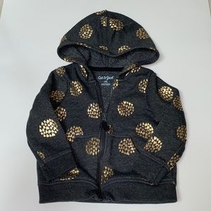 Cat & Jack 18M zip up hooded sweatshirt, dark grey with gold hearts